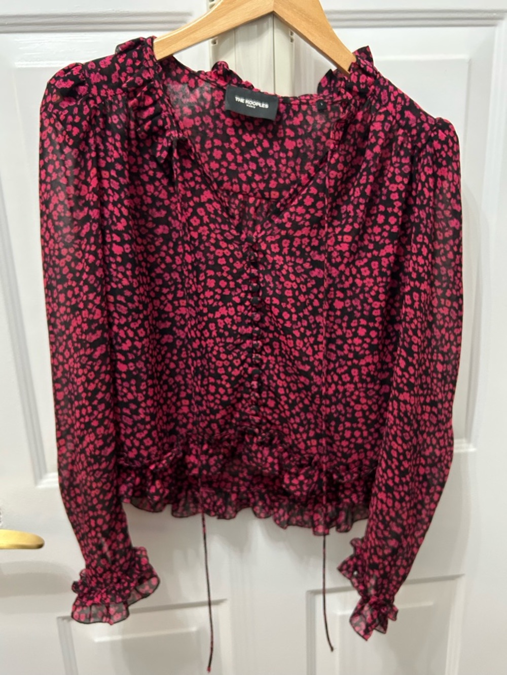 The Kooples Black and Pink Floral Ruffle Blouse